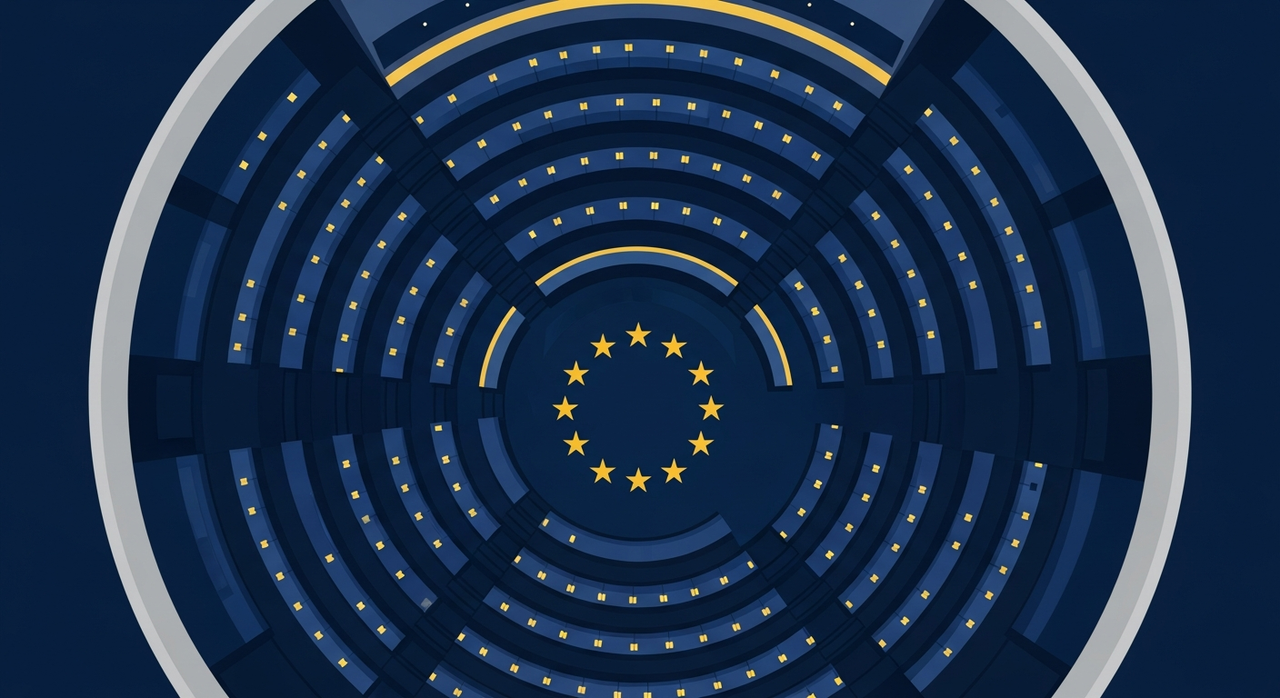 Wnętrze hemicyklu Parlamentu Europejskiego z gwiazdami UE